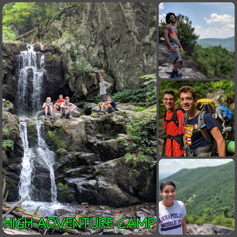 A collage of photos with campers sitting on rocks next to a waterfall, a boy standing on a mountain, two campers wearing backpacks, a girl standing on a mountain. 