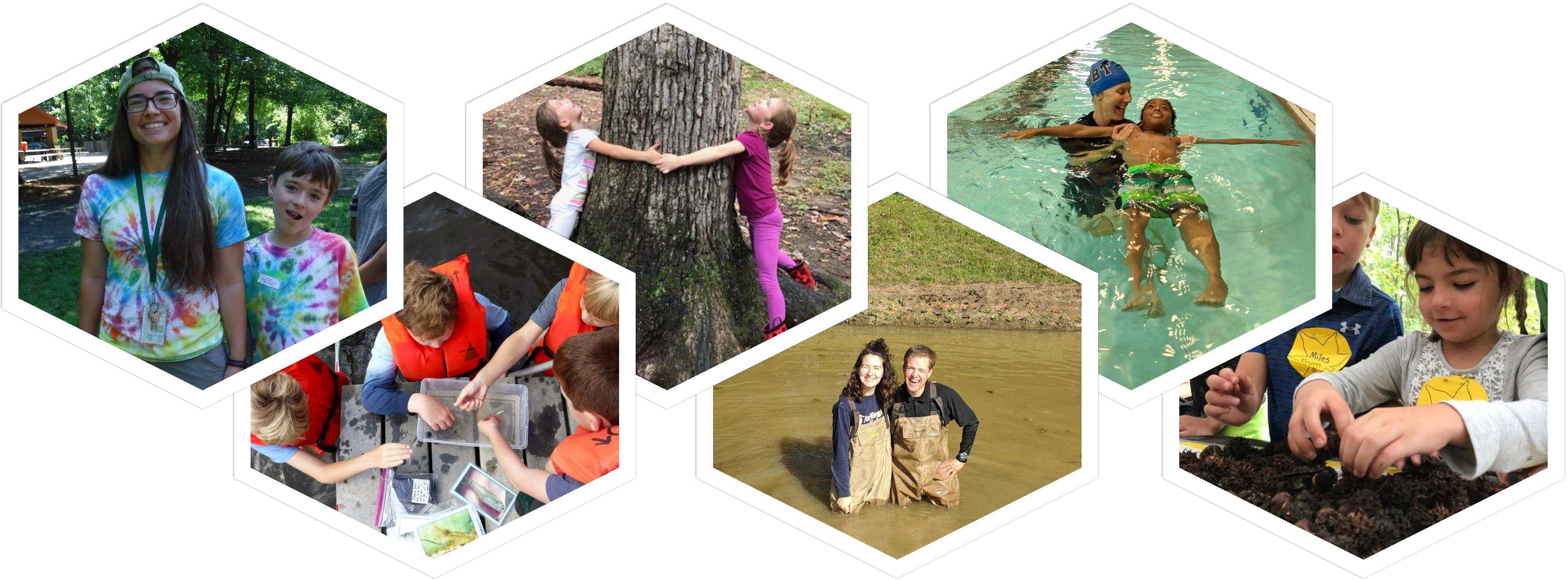 A collage of photos with two people wearing tie dye shirts, 4 campers wearing lifejackets, two students hugging a tree, two adults wearing waders, a water instructor holding a student while they float on their back and two kindergarten students holding small pinecones. 