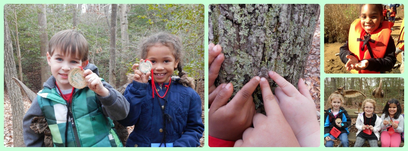 A collage of kindergarten students holding tree necklaces