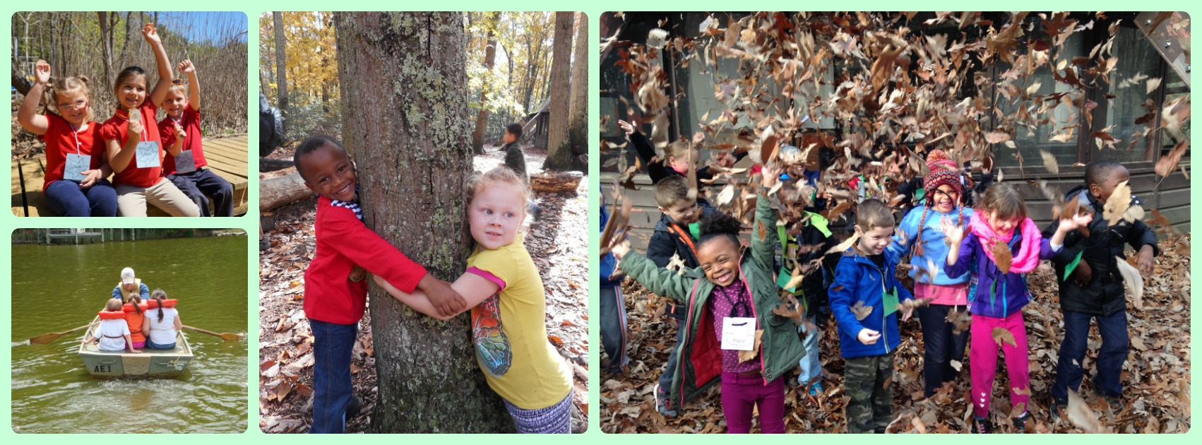 A collage of kindergarten students hugging trees, throwing leaves, sitting in a row boat and raising their hands. 