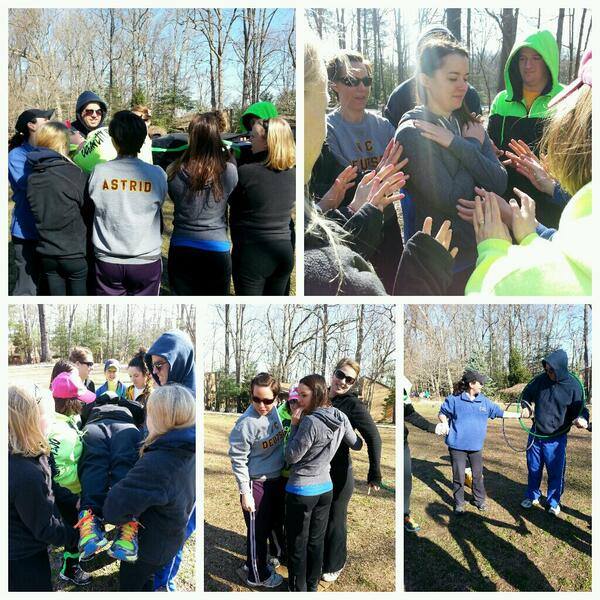 A collage of photos with adults standing in a circle, adults lifting another adult and adults holding hula hoops. 