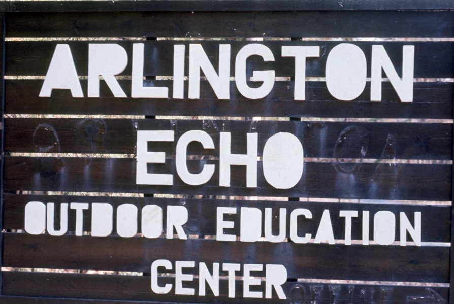 Large welcome sign that says "Arlington Echo Outdoor Education Center"