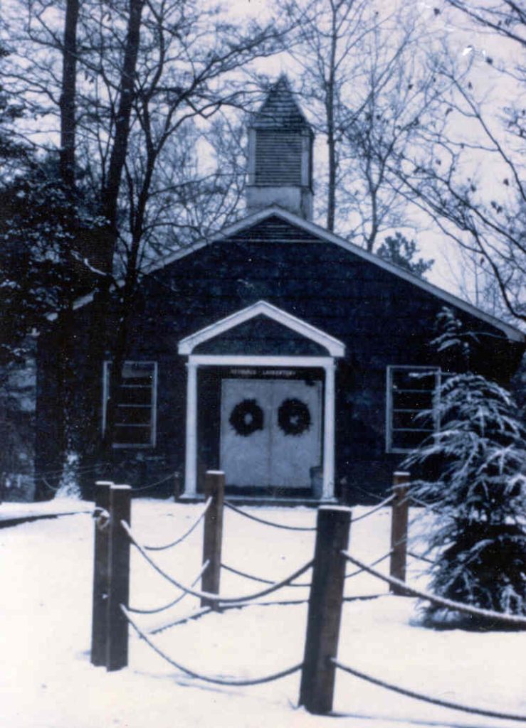 Chapel building on a snowy day. 